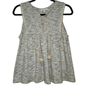 ANTHROPOLOGIE Eri & Ali Tank Top Sleeveless Blouse Women Large Gray Pom Tassels